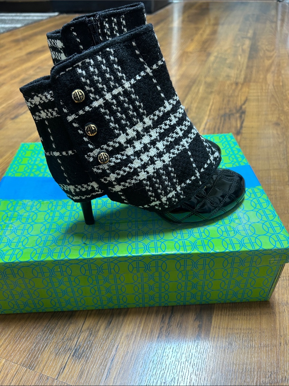 Black & White Plaid Ankle Boots with Quilted Toe
